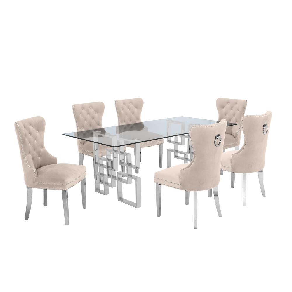 Stainless Steel 7 Piece Dining Set, Beige Velvet 608