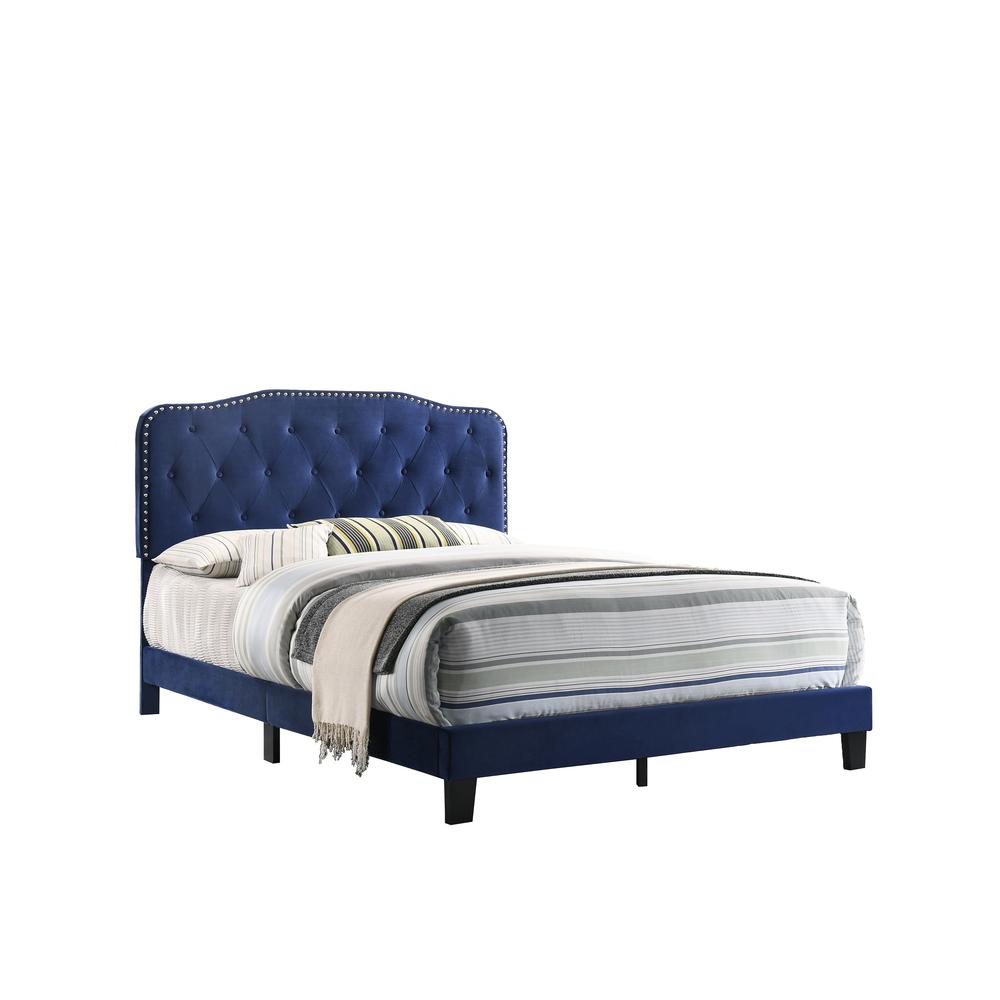 Navy Velvet Uph. Panel Bed with Silver Nailhead - Full