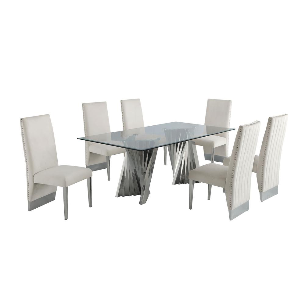 Classic 7pc Dining Set w/Pleated r Side Chair, Glass Table w/ Silver Spiral Base, Beige