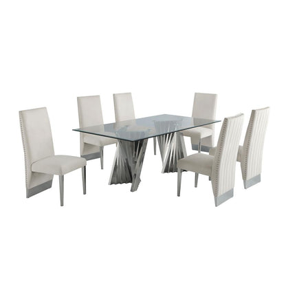 Classic 7pc Dining Set w/Pleated r Side Chair, Glass Table w/ Silver Spiral Base, Beige