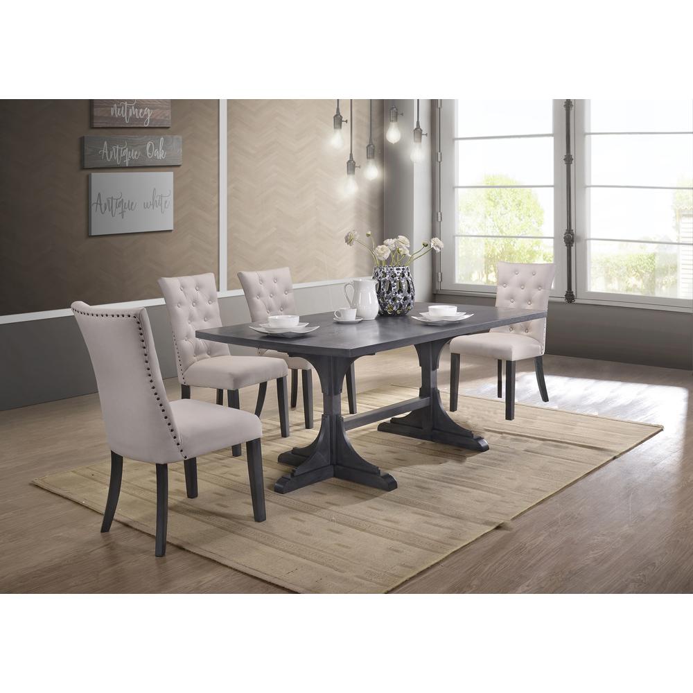 5 Piece Dining Set, Weathered Gray Dining Table & 5 Side Chairs in Beige Linen