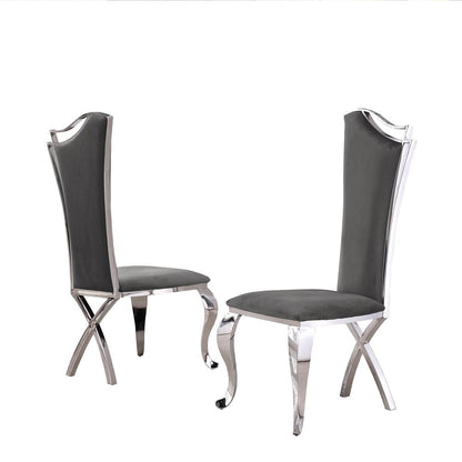 White Marble 5pc Set Non-Tufted Stainless Steel Chairs in Dark Grey Velvet