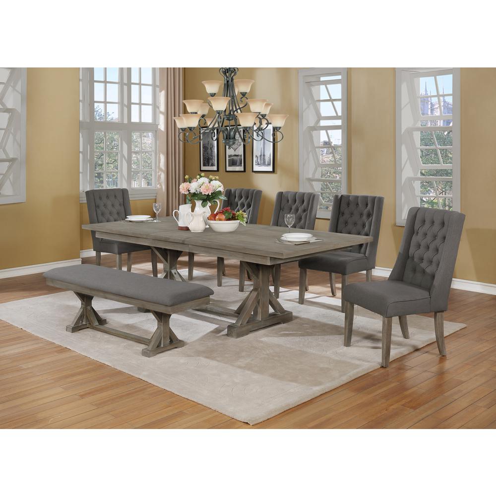 Classic Extension Dining 7 Piece Set w/18"Center Leaf, Bench & 5 Chairs in Dark Grey Linen