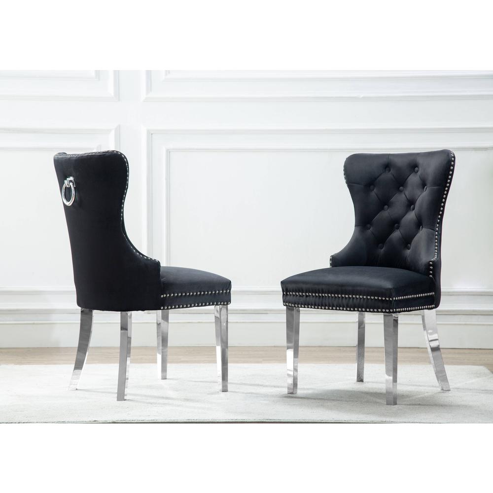 White Marble 5pc Set Tufted Wingback Chairs in Black Velvet