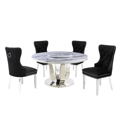 White Marble Round 5 piece Dining Set Ring Chairs in Black Velvet - Lazy Susan