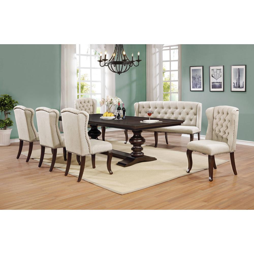 Classic 7pc Dining Set w/Uph Bench & Wingback Chairs Tufted & Naildhead Trim, Table w/Center 20" Leaf, Beige