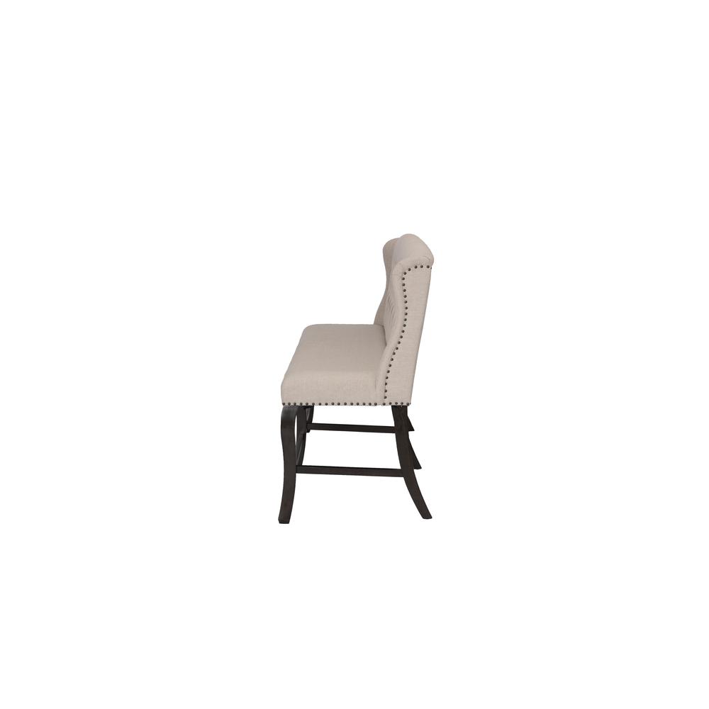 Counter Height Upholstered Bench with Backrest, Tufted Buttons, and Nailhead Trim. Beige
