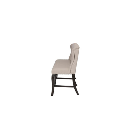 Counter Height Upholstered Bench with Backrest, Tufted Buttons, and Nailhead Trim. Beige