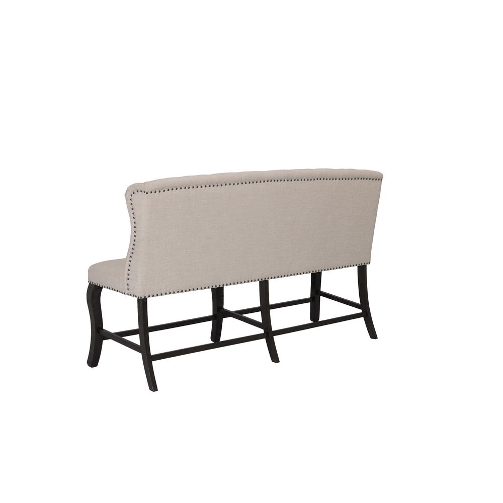 Counter Height Upholstered Bench with Backrest, Tufted Buttons, and Nailhead Trim. Beige