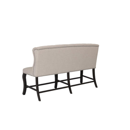 Counter Height Upholstered Bench with Backrest, Tufted Buttons, and Nailhead Trim. Beige