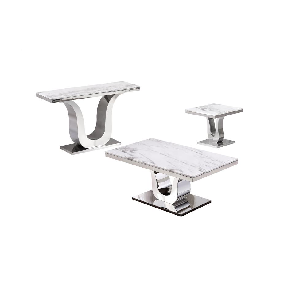 White Marble Coffee Table Set: Coffee Table, End Table, Console Table w/Stainless Steel U-Base