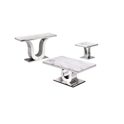 White Marble Coffee Table Set: Coffee Table, End Table, Console Table w/Stainless Steel U-Base