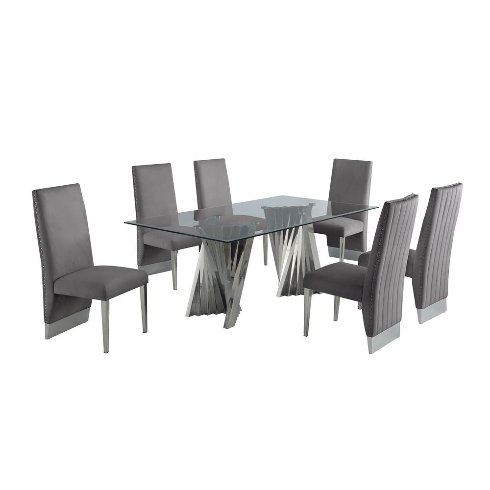 Classic 7pc Dining Set w/Pleated Side Chair, Glass Table w/ Silver Spiral Base, Dark Grey