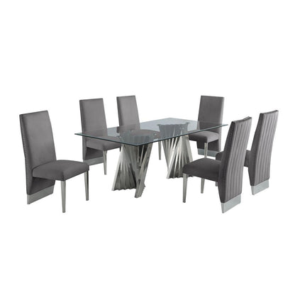 Classic 7pc Dining Set w/Pleated Side Chair, Glass Table w/ Silver Spiral Base, Dark Grey