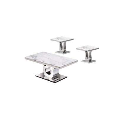 White Marble Coffee Table Set: Coffee Table, 2 End Tables w/Stainless Steel U-Base