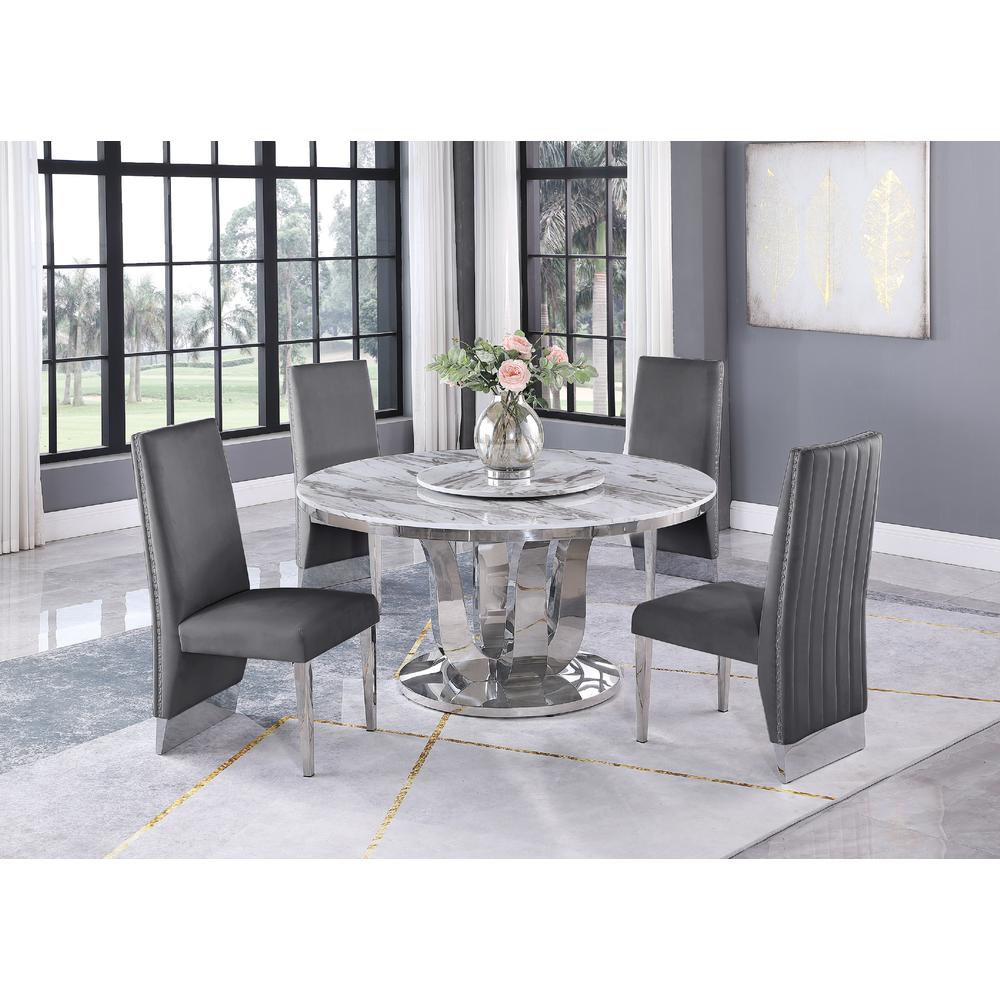 White Marble Lazy-Susan Dining Set Pleated Chairs in Dark Grey Velvet