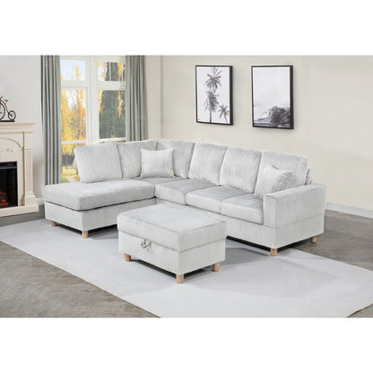 3Pc Corduroy Sectional In Light Gray
