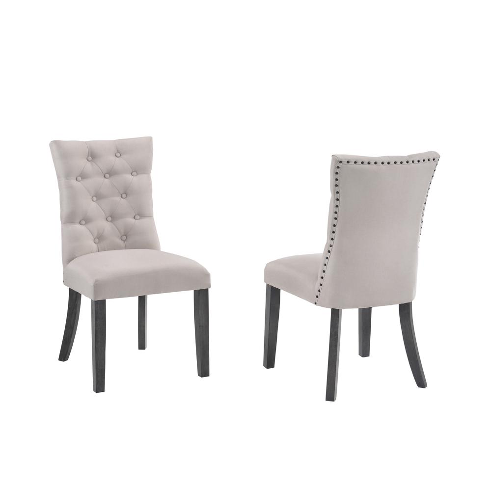 5 Piece Dining Set, Weathered Gray Dining Table & 5 Side Chairs in Beige Linen