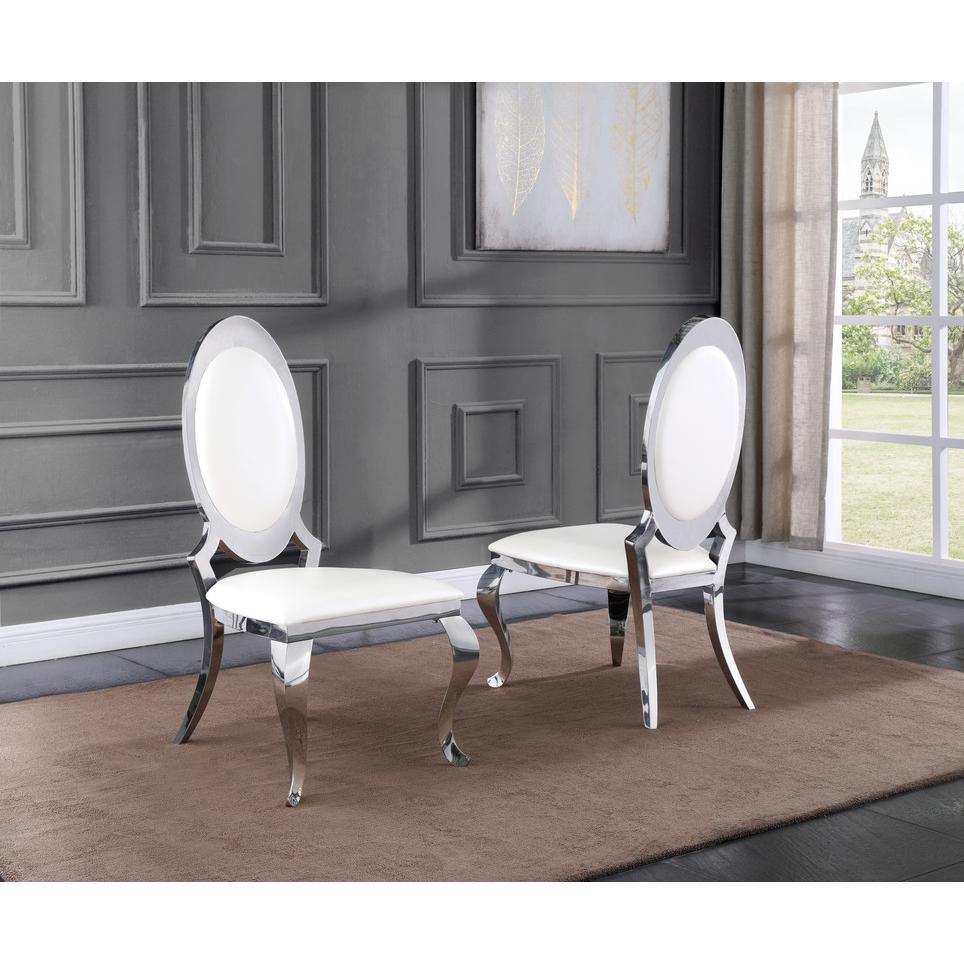 Classic 7pc Dining Set w/Faux Leather Side Chair, Glass Table w/ Silver Spiral Base, White
