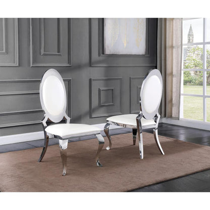 Classic 7pc Dining Set w/Faux Leather Side Chair, Glass Table w/ Silver Spiral Base, White