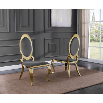 Classic 7pc Dining Set w/Uph Side Chair, Glass Table w/ Gold Spiral Base, Dark Grey