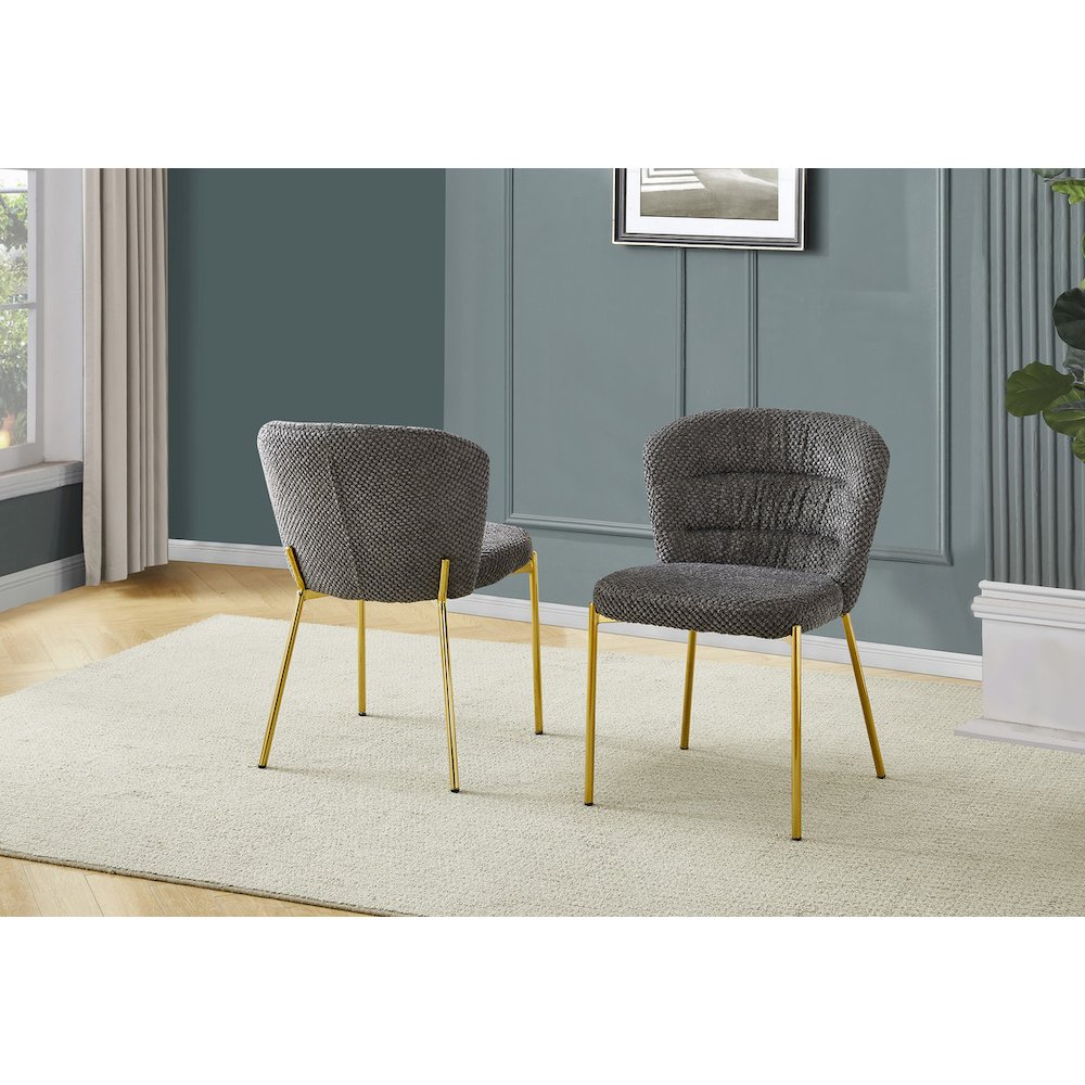 Dark Gray Fluffy Fabric With Gold Chrome Base, Set Of 2