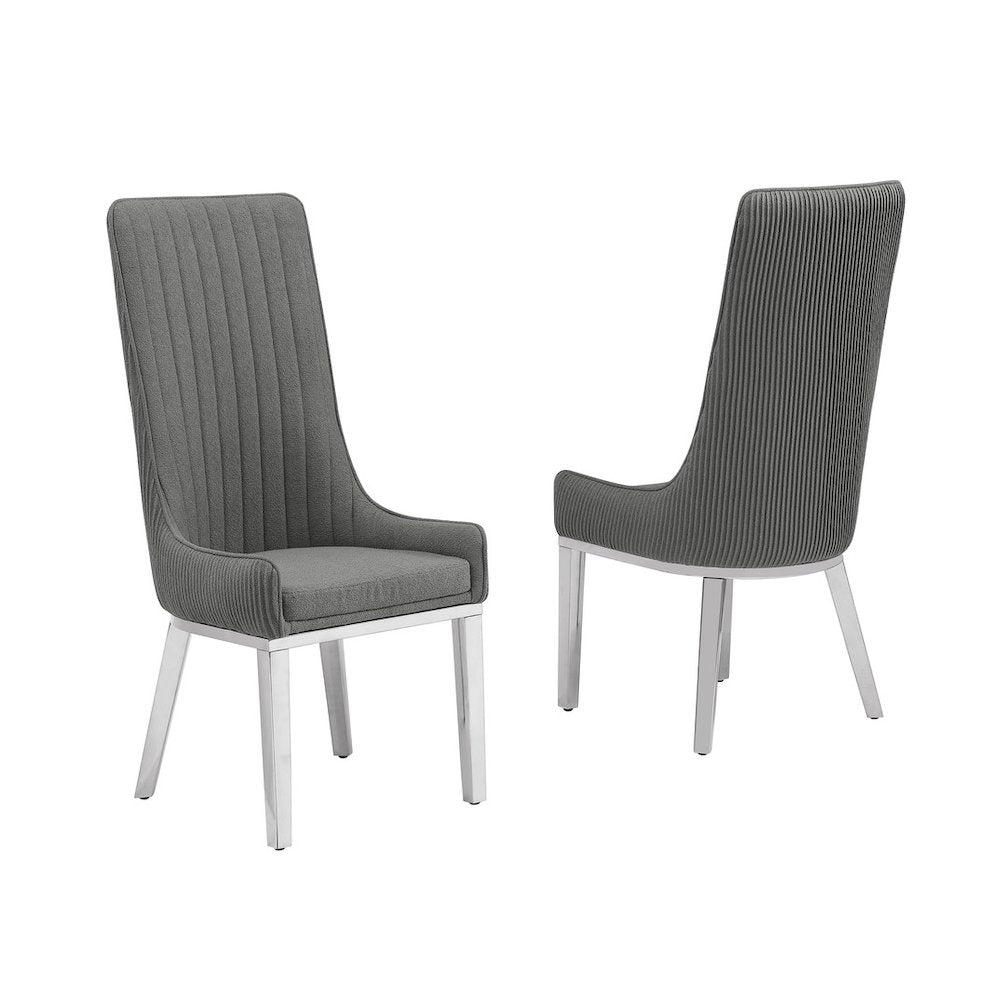 Dark Gray, Teddy Fabric, Pleated Back Side Chair With Silver Base, Set Of Two