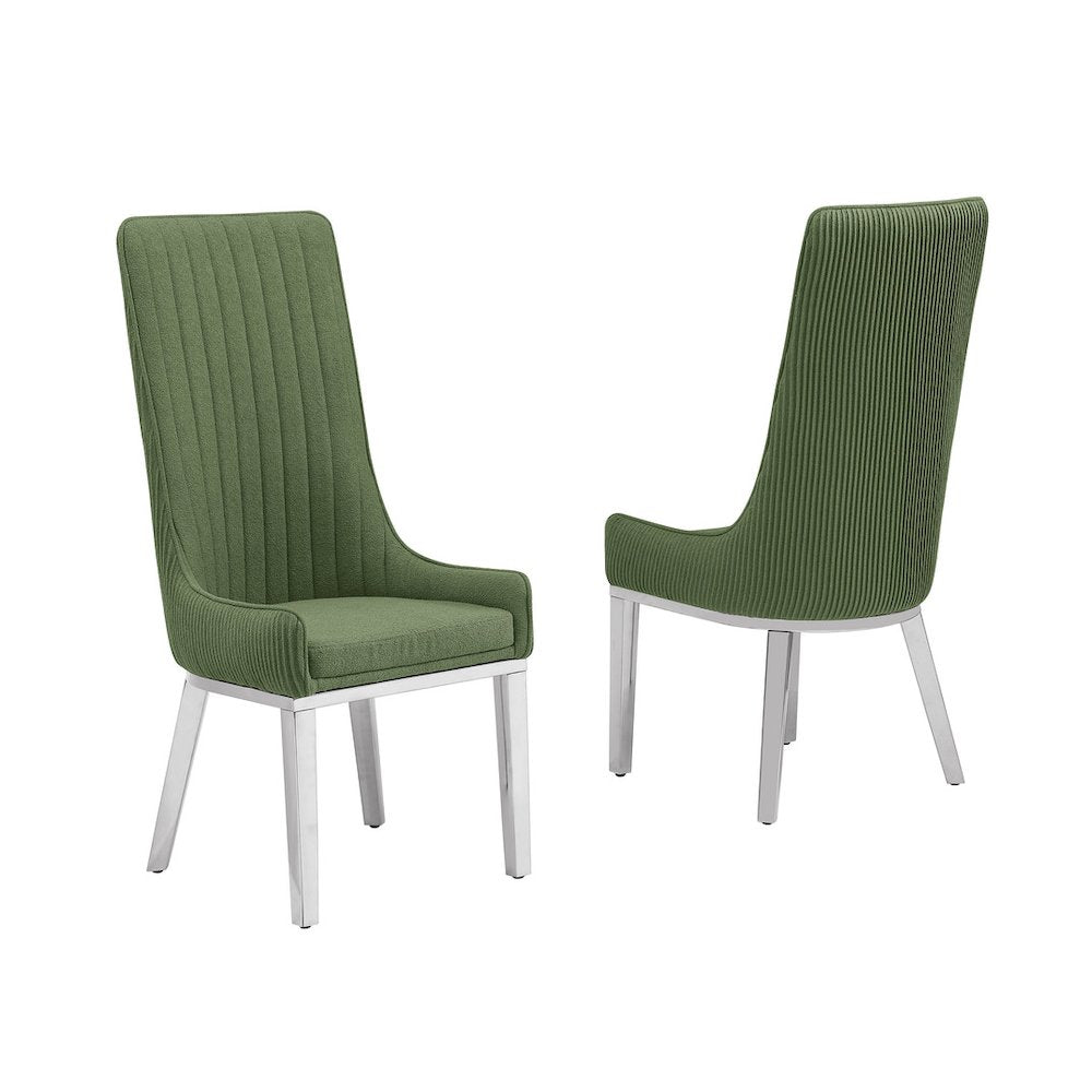Green, Teddy Fabric, Pleated Back Side Chair With Silver Base, Set Of Two