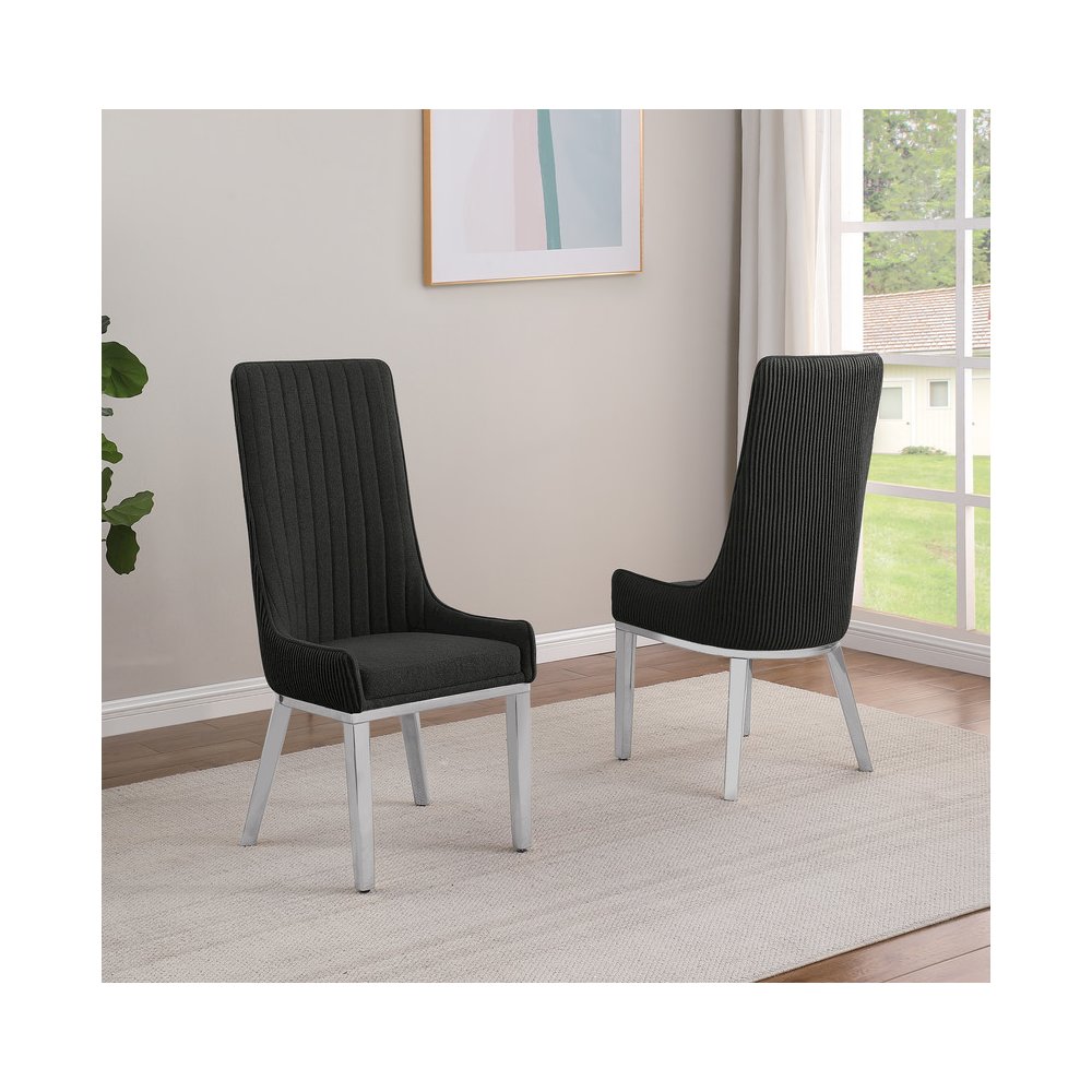 Black, Teddy Fabric, Pleated Back Side Chair With Silver Base, Set Of Two