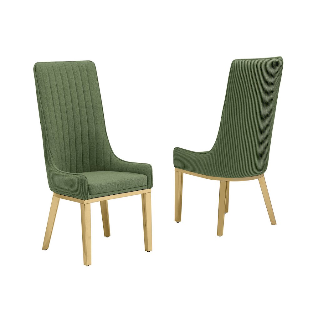 Green, Teddy Fabric, Pleated Back Side Chair With Gold Base, Set Of Two