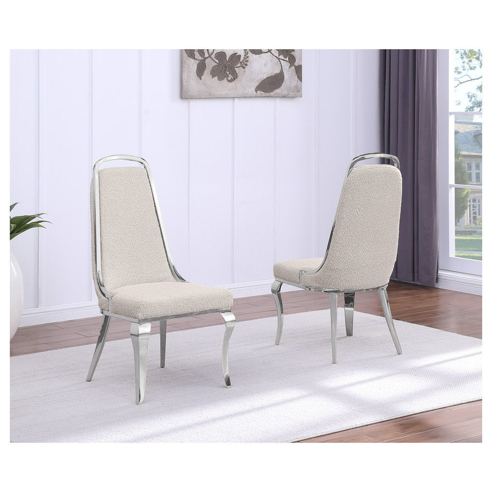 9Pc Tempered Glass Dining Set With 8 Cream Boucle Side Chairs And A Silver Base