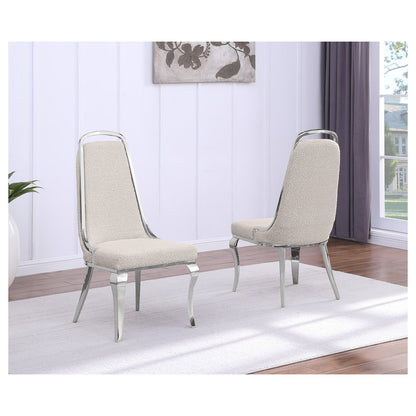 9Pc Tempered Glass Dining Set With 8 Cream Boucle Side Chairs And A Silver Base