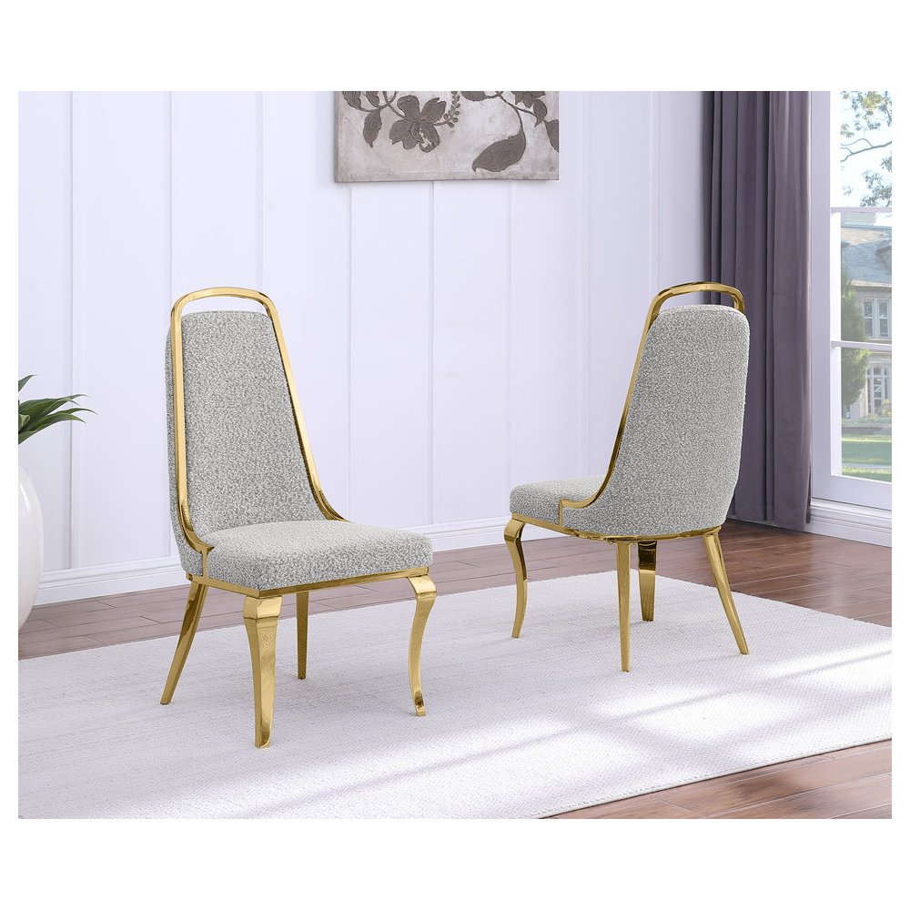 9Pc Tempered Glass Dining Set 8 Rich Gray Boucle Side Chairs And A Gold Base