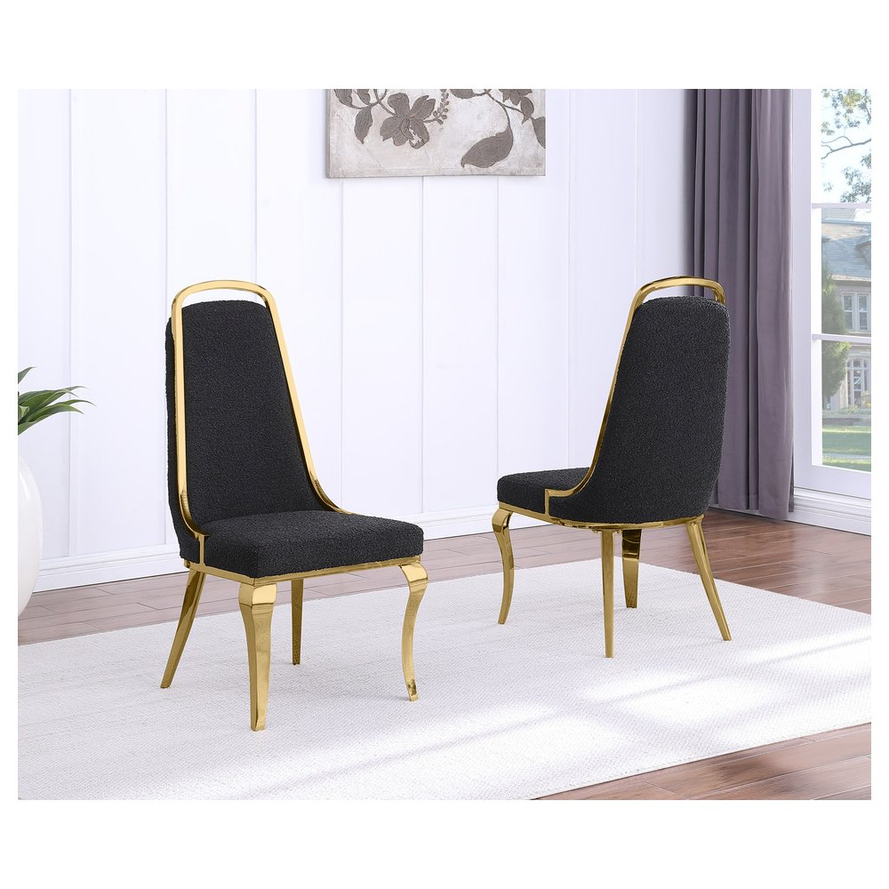 9Pc Tampered Glass Dining Set With 8 Black Boucle Side Chairs And A Gold Base