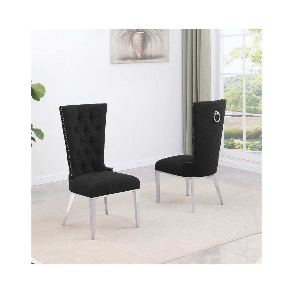 Black Boucle Fabric With Silver Chrome Base Glam Dining Chairs (Set Of 2)