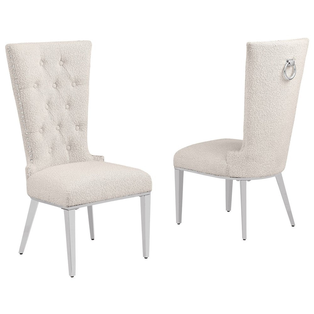 Cream Boucle Fabric With Silver Chrome Base Glam Dining Chairs (Set Of 2)