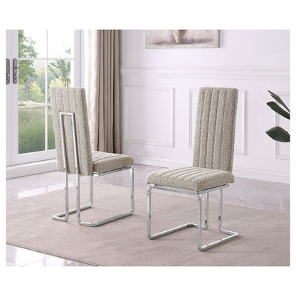 Gray Boucle Fabric Silver Chrome Base Tall Back Rest Dining Chairs (Set Of 2)