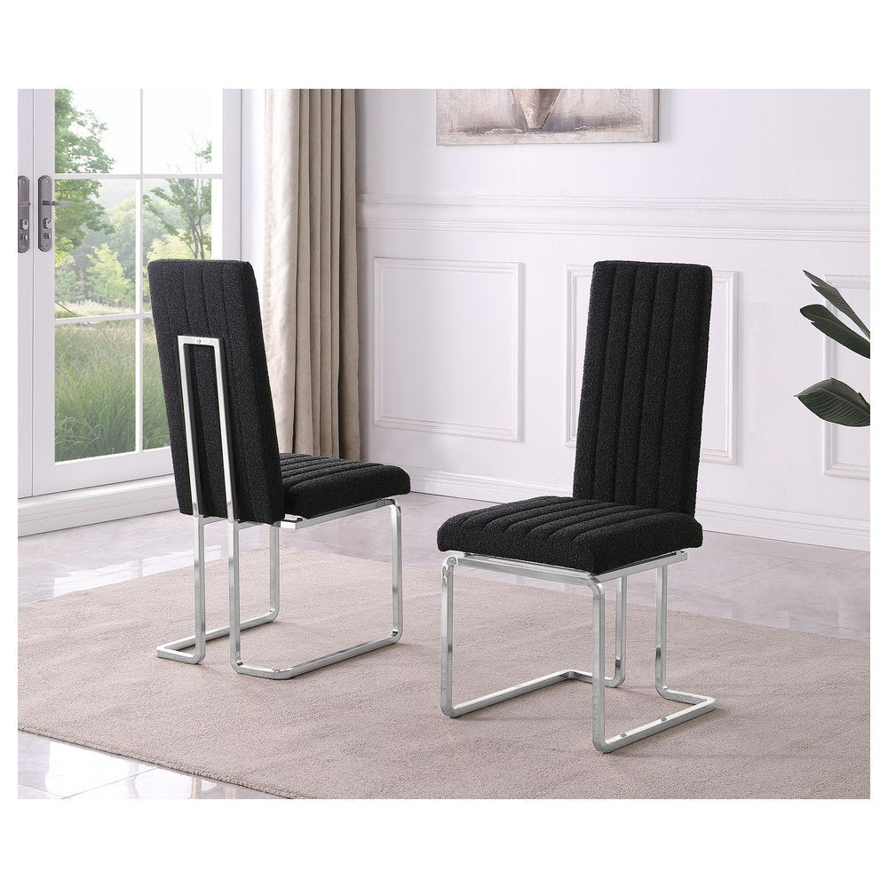Black Boucle Fabric Silver Chrome Base Tall Back Rest Dining Chairs (Set Of 2)