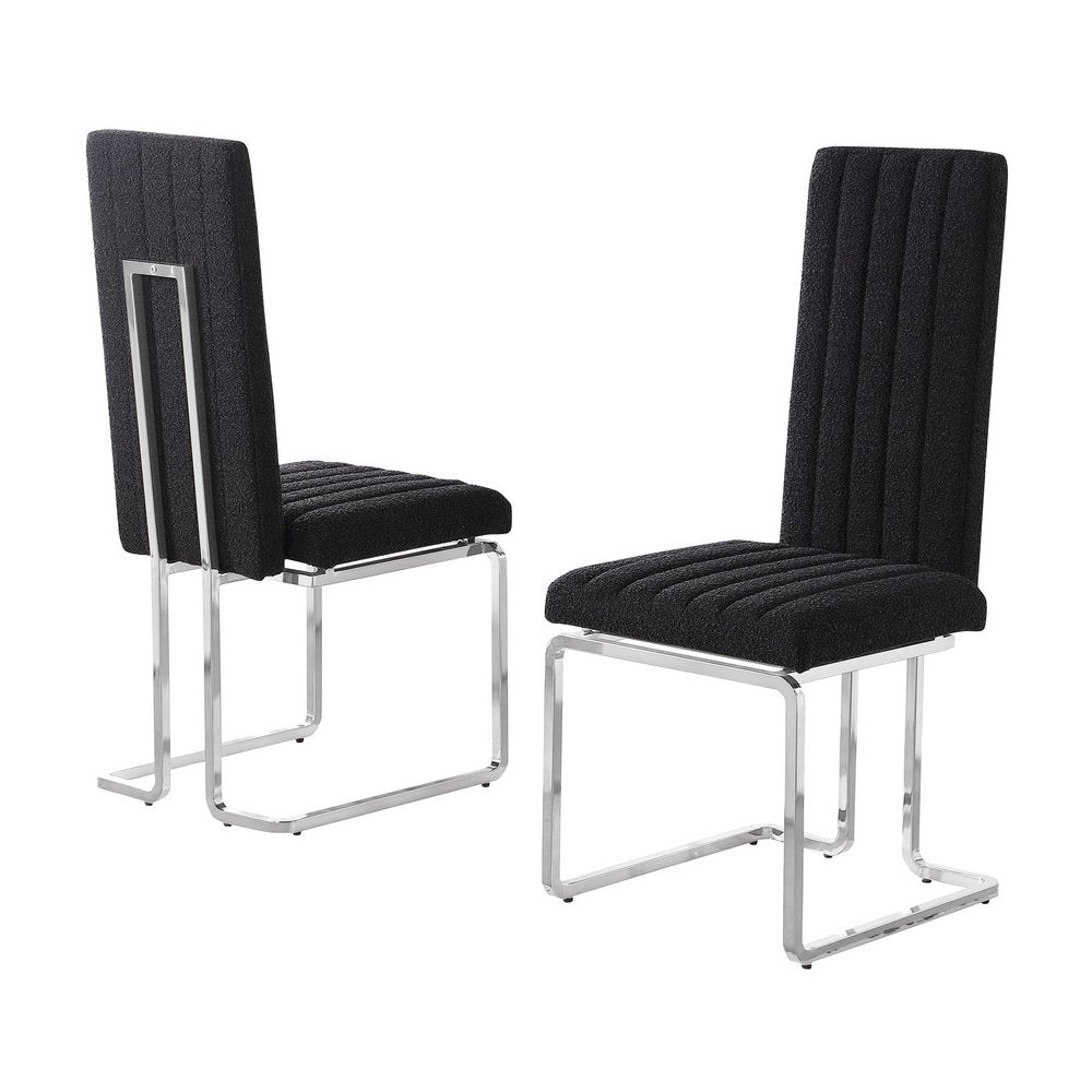 Black Boucle Fabric Silver Chrome Base Tall Back Rest Dining Chairs (Set Of 2)