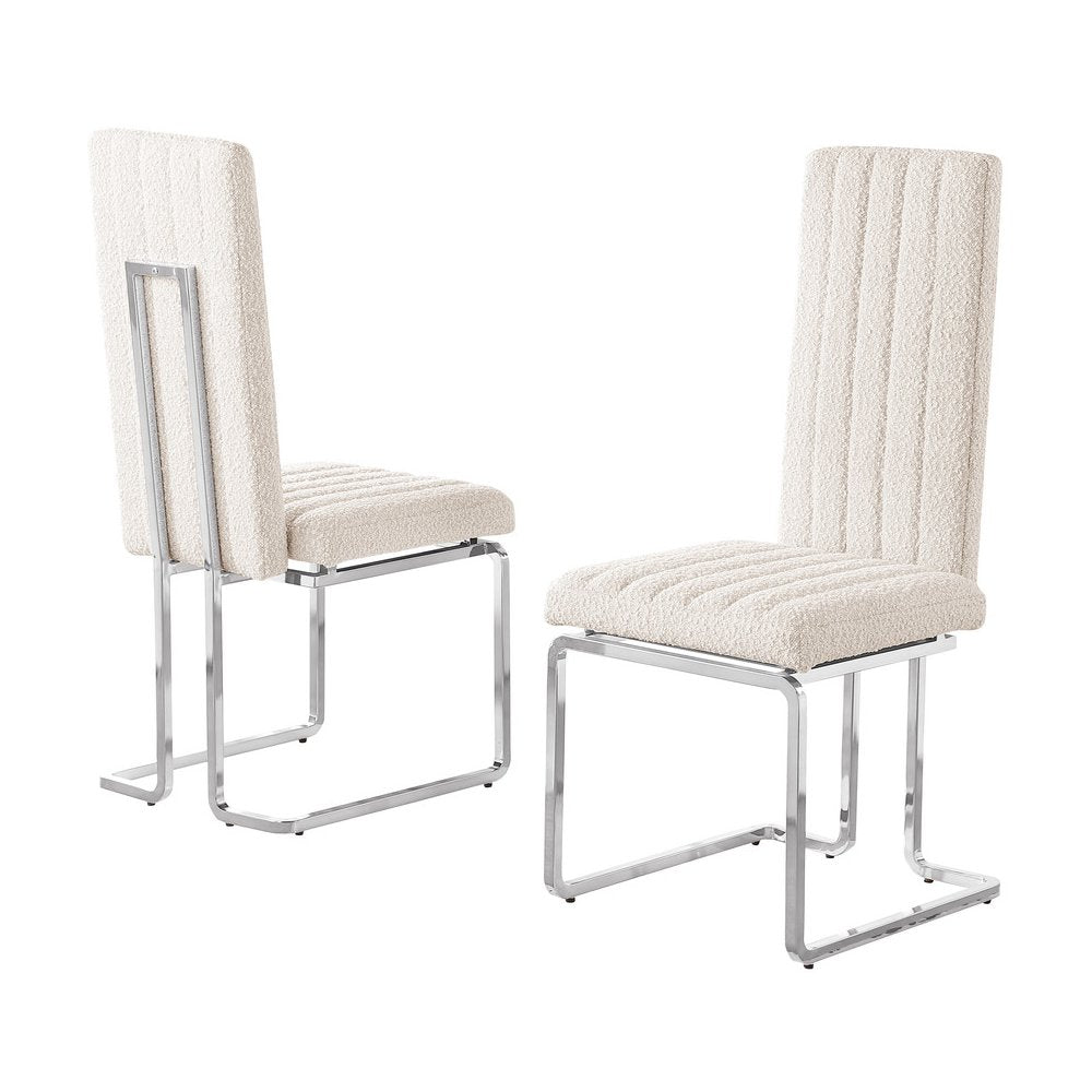 Cream Boucle Fabric Silver Chrome Base Tall Back Rest Dining Chairs (Set Of 2)