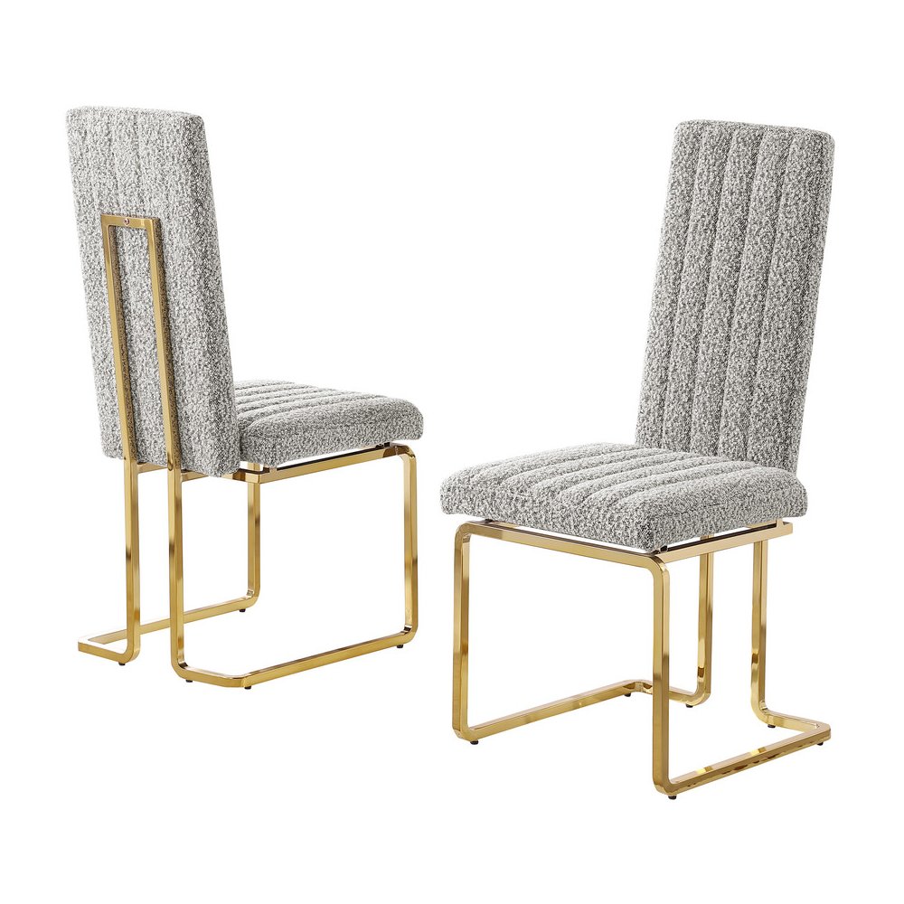 Rich Gray Boucle Fabric Gold Chrome Base Tall Back Rest Dining Chairs (Set Of 2)