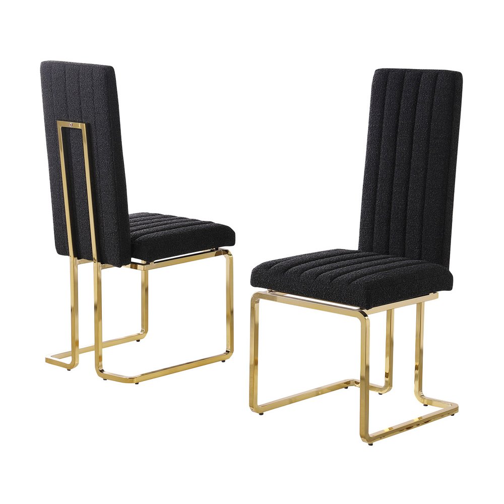 Black Boucle Fabric Gold Chrome Base Tall Back Rest Dining Chairs (Set Of 2)