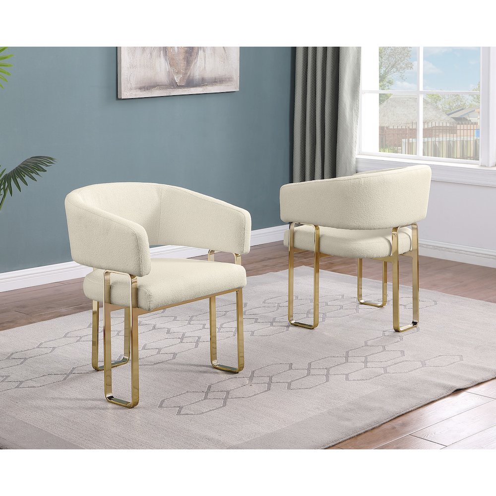 2pc Cream Teddy Boucle Fabric Gold Chrome Base