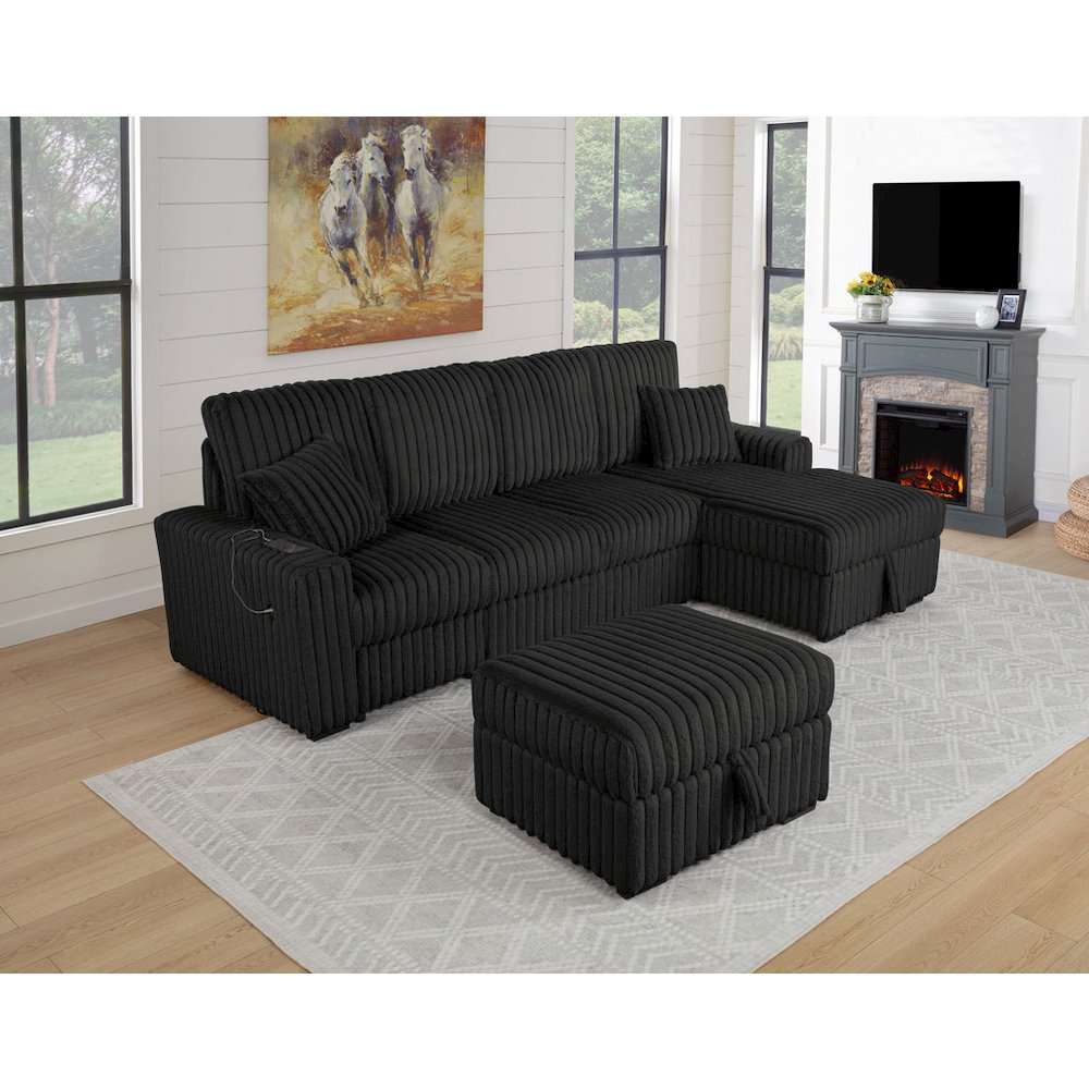 3PC Corduroy Sectional w/ Pull Out Loveseat