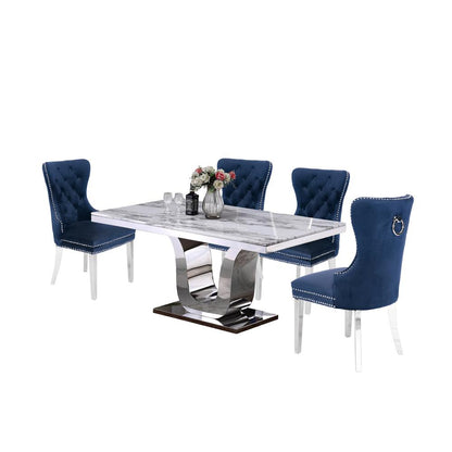 White Marble 5pc Set Tufted Wingback Chairs in Navy Blue Velvet
