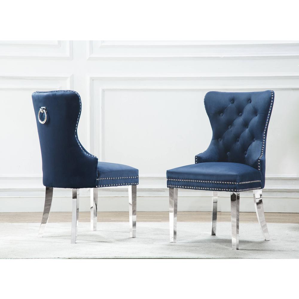 White Marble 5pc Set Tufted Wingback Chairs in Navy Blue Velvet