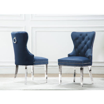 White Marble 5pc Set Tufted Wingback Chairs in Navy Blue Velvet