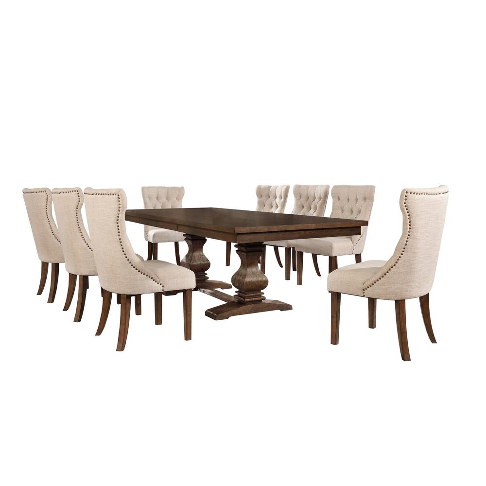 Classic 9pc Dining Set w/Uph Side Chairs Tufted & Naildhead Trim, Table w/Center 18" Leaf, Walnut