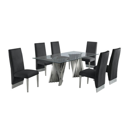 Classic 7pc Dining Set w/Pleated Side Chair, Glass Table w/ Silver Spiral Base, Black