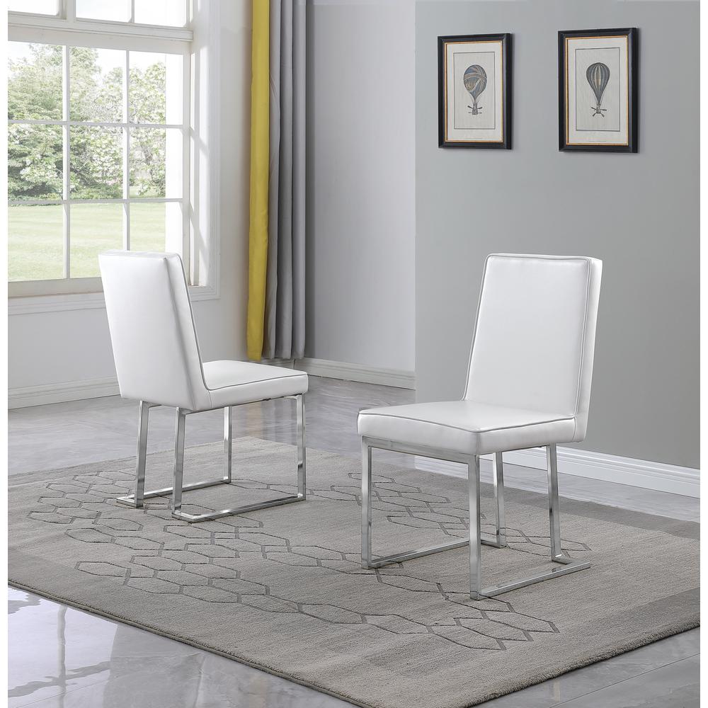 White Faux Leather Upholstered Dining Side Chairs, Chrome Base, Set of 2